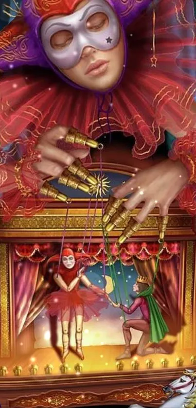 Fantasy puppet master scene with vibrant red and marionettes on a mobile wallpaper.