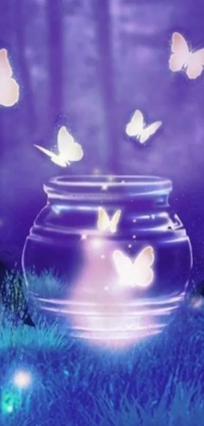 Enchanted forest with glowing butterflies and jar.