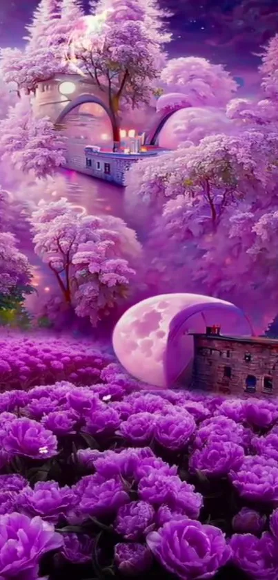 Enchanted purple landscape with flowers and celestial skies.