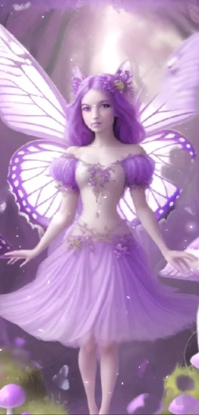 Purple fairy with wings in a mystical forest wallpaper.