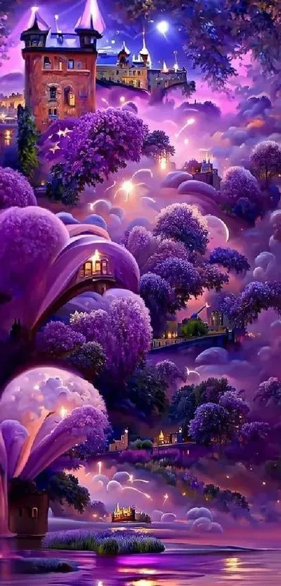 Fantasy castle with purple clouds and glowing lights.