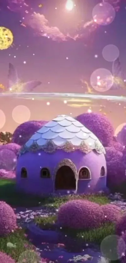 Enchanted purple landscape with a whimsical house and magical sunset.