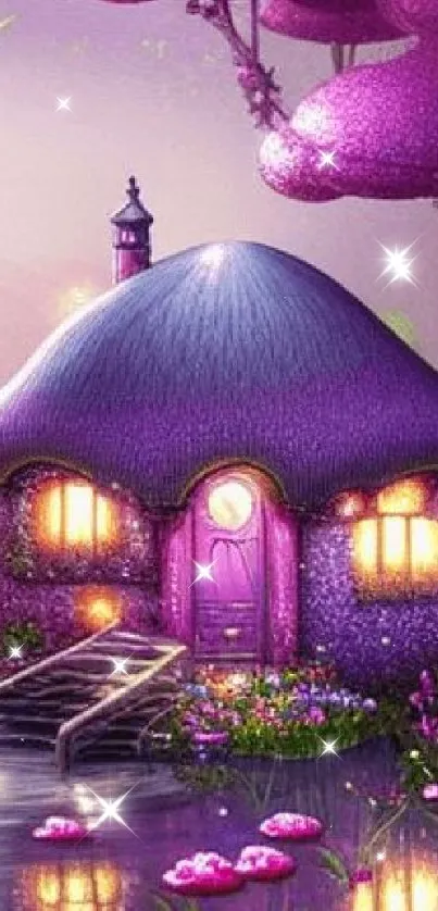 Enchanted purple forest cottage with glowing lights and whimsical trees.