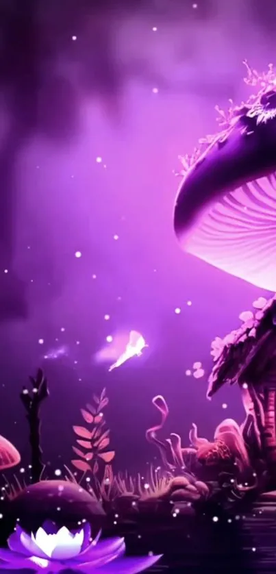 Enchanted purple forest with glowing mushrooms.