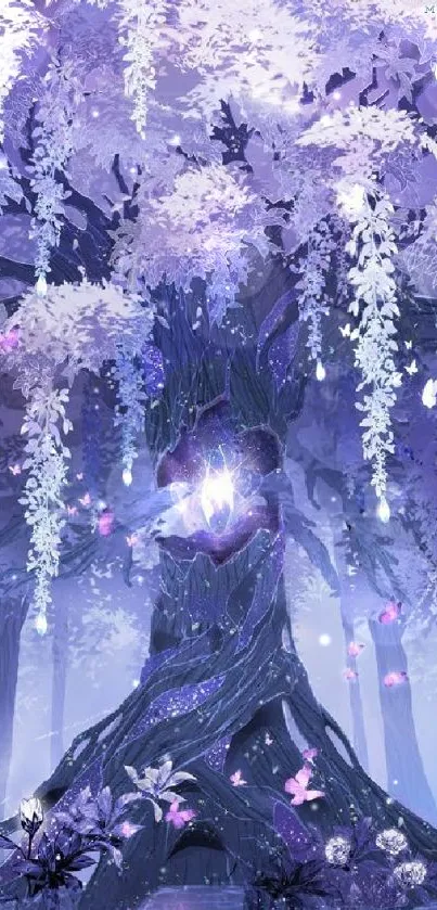 Mystical forest with glowing trees and butterflies in purple hues.