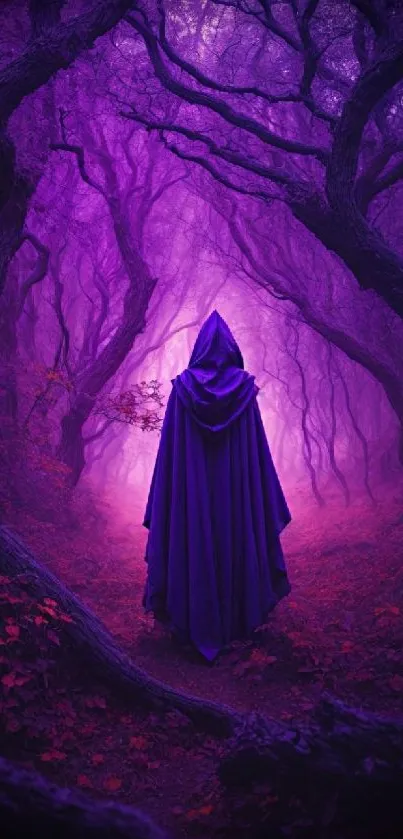 Cloaked figure in purple-tinged forest pathway.