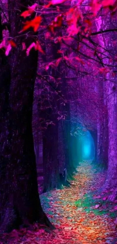 A vibrant purple forest pathway with colorful leaves on the ground.