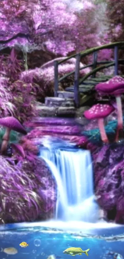 Enchanted forest with waterfall, purple hues, and mushrooms in wallpaper.