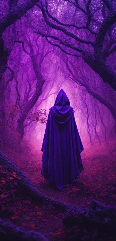 A hooded figure in an enchanted purple forest with twisted trees.