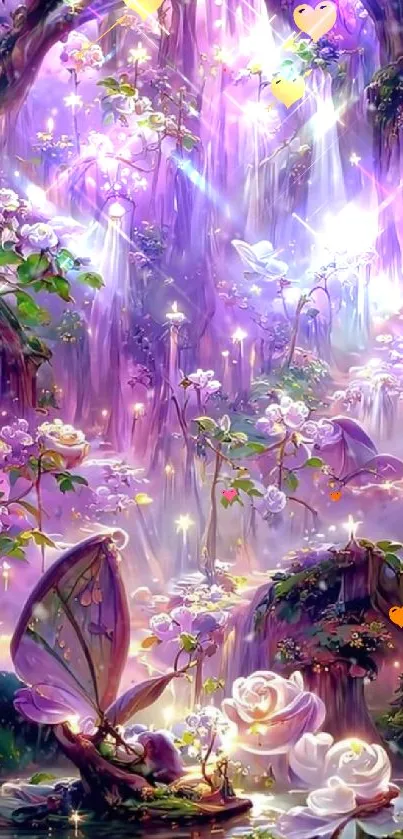 Enchanted purple forest with glowing flowers.