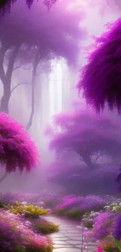 Ethereal purple forest landscape with vibrant trees and flowers.