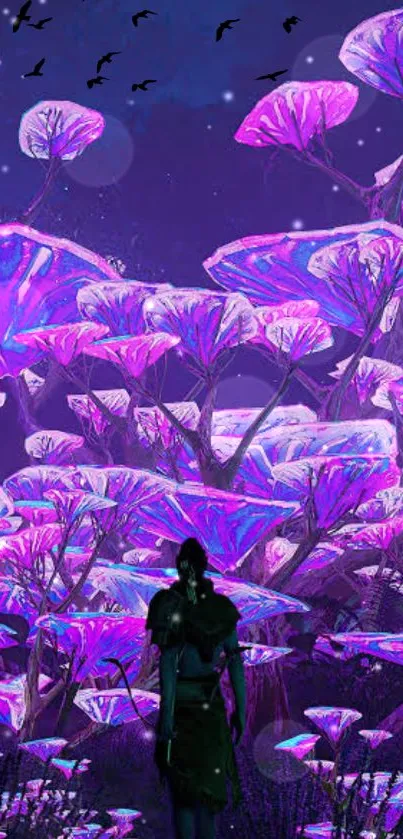 Silhouette in front of glowing purple fantasy forest with night sky.