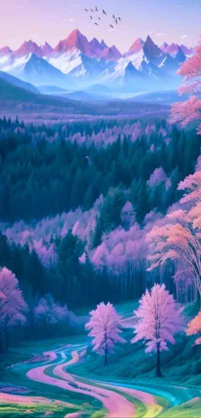 Purple forest and mountain wallpaper with serene trees and pastel colors.