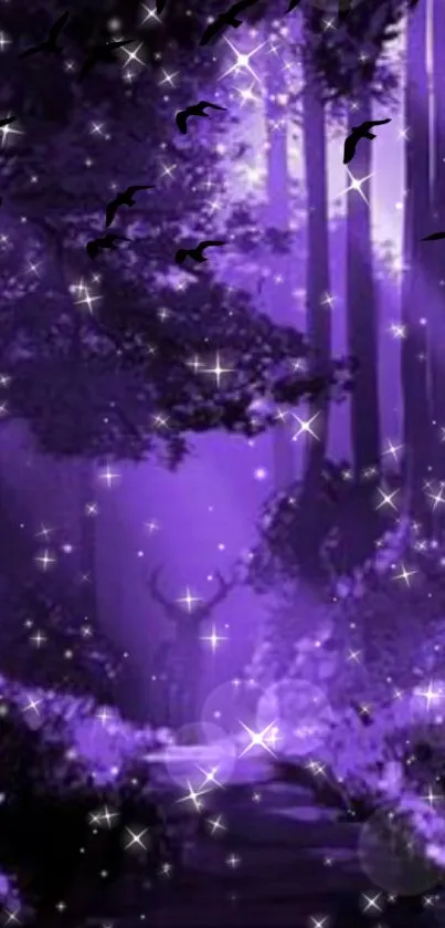 Enchanted forest with purple hues and sparkling stars on a mobile wallpaper.