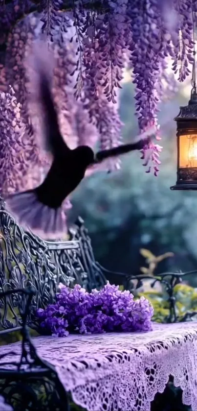 Purple garden bench with lantern and flowers at dusk.
