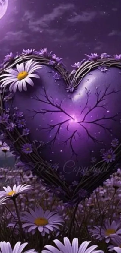 Purple heart in a moonlit floral scene.