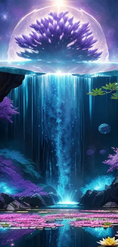Enchanted fantasy landscape with a purple waterfall and vibrant flora.