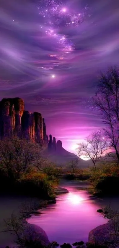 Magical purple landscape at night with river and trees under a starry sky.