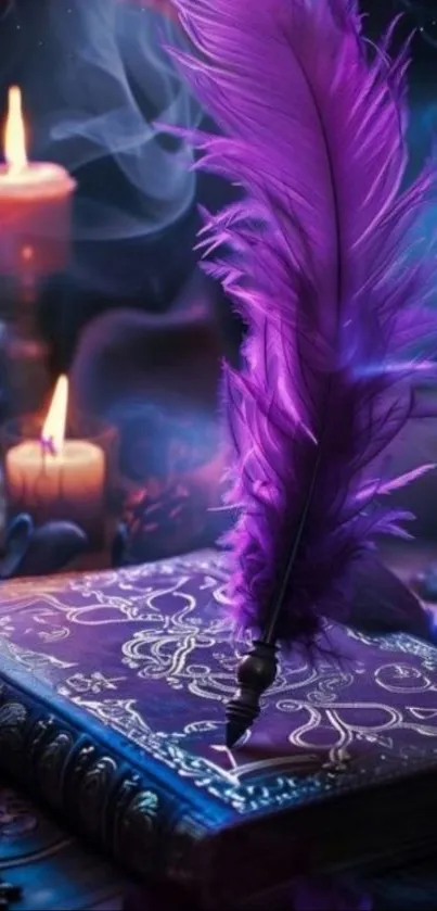 Purple quill on ornate book with candlelight.