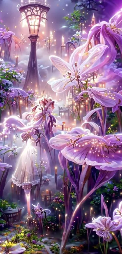 Enchanted garden with purple flowers glowing in magical light.