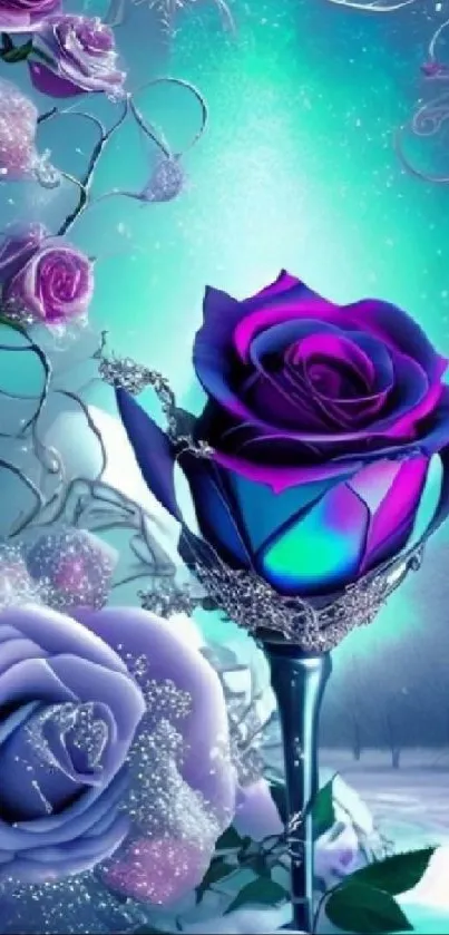 Purple roses with winter fantasy background in mobile wallpaper.