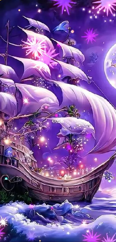 Enchanted ship sailing under a mystical purple moon with glowing stars.