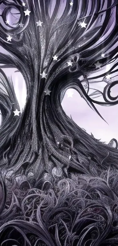 Mystical tree with swirling branches and purple hues.