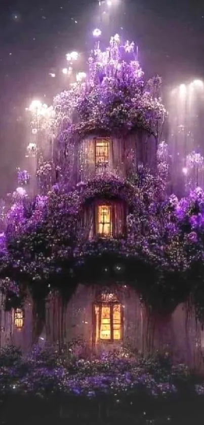 Enchanting purple tree house with glowing flowers at night.