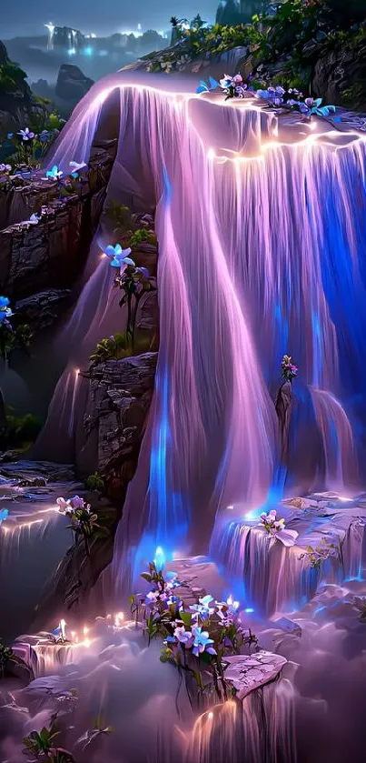 Fantasy waterfall with purple hues and flowers.