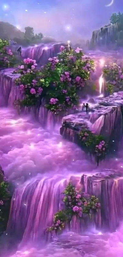 Dreamy purple waterfall with lush flora under twilight sky on mobile wallpaper.