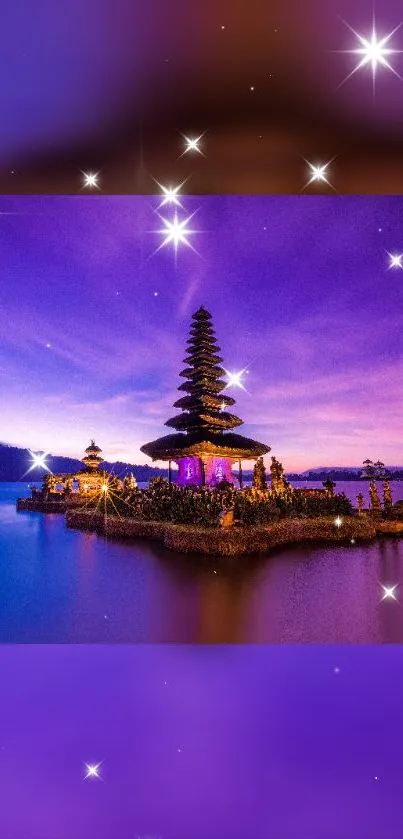 Purple night sky over tranquil island waterscape.