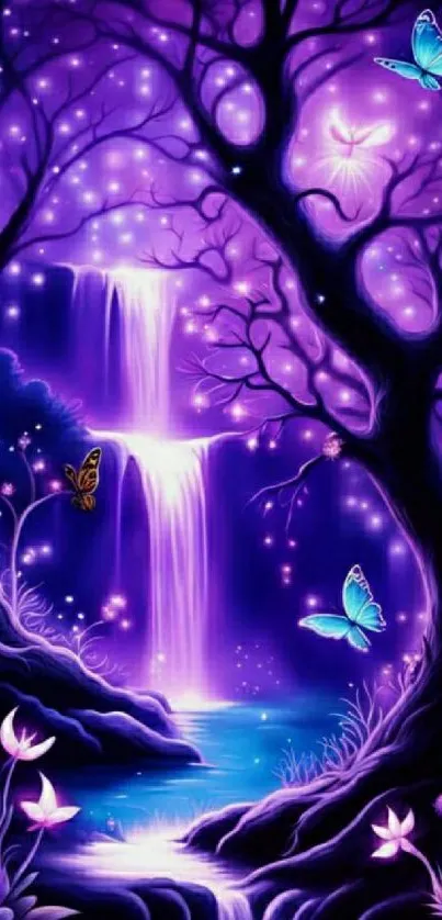 Enchanted purple forest with butterflies and waterfall.