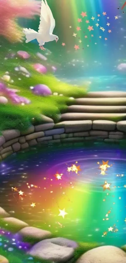 Enchanted rainbow pond with vibrant plants and stars in a whimsical scene.