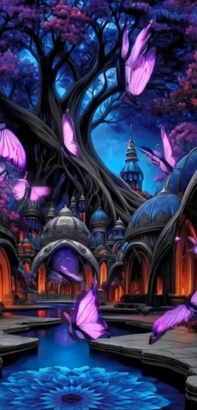 Enchanted realm with purple butterflies at night.