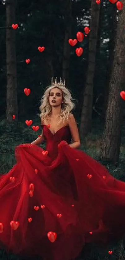 Woman in red gown standing in a mystical forest setting.