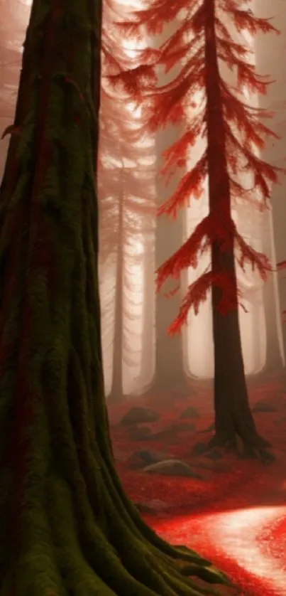 A serene red forest with towering trees and mystical ambiance.