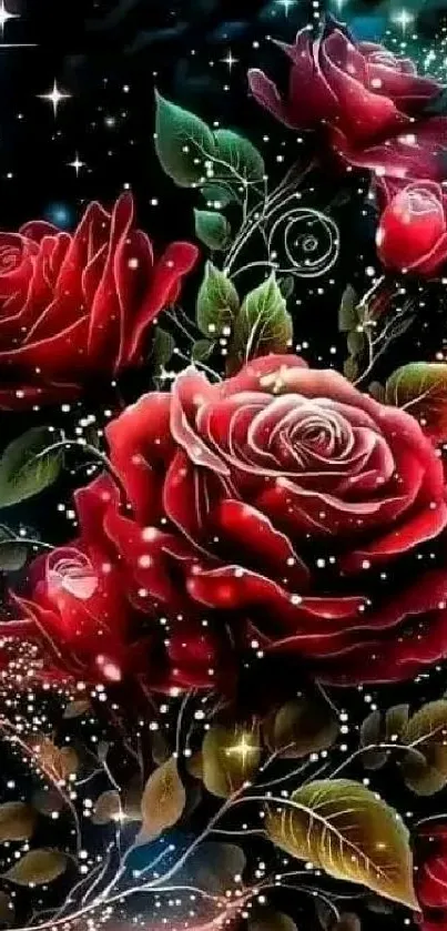 Red rose bouquet amid stars on dark wallpaper.