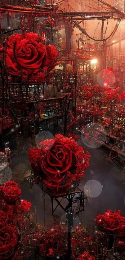 Breathtaking wallpaper of mystical red roses in an enchanted garden setting.