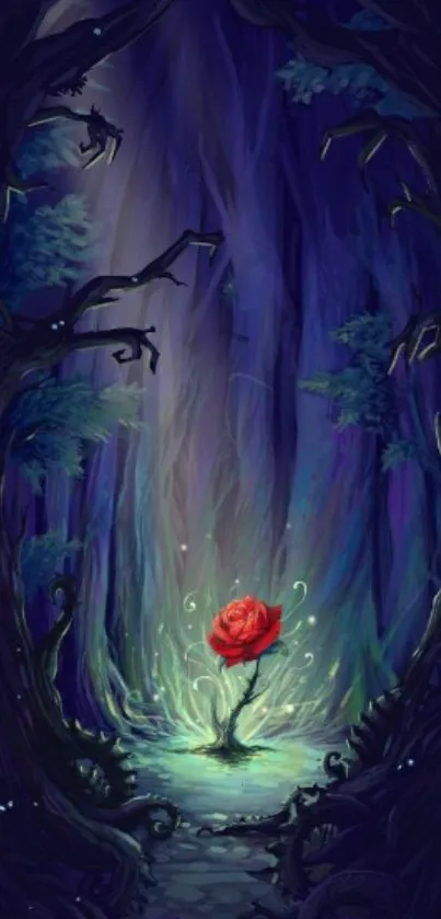 Enchanted red rose glows in a mystical forest setting.