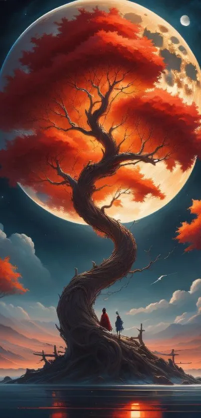 Enchanted red tree under a glowing full moon.