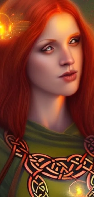 Fantasy art of a red-haired enchantress with glowing golden orbs.