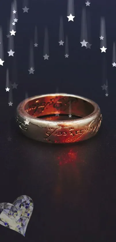 Mystical ring with starry night background, sparkling enchantment.