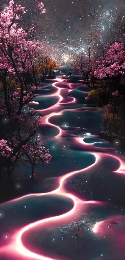 Magical pink river flows surrounded by cherry blossoms under stars.