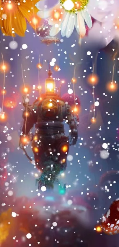 Luminous robot surrounded by flowers and snowfall in a magical scene.