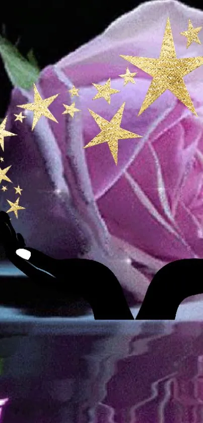 Purple rose and gold stars with artistic hands in a magical wallpaper.