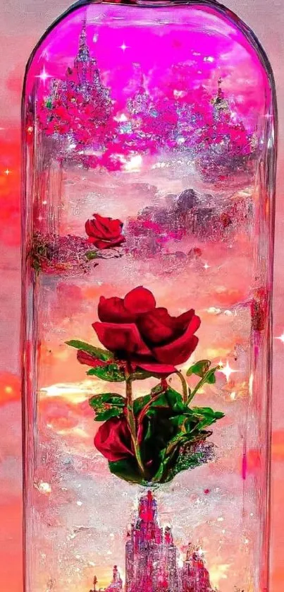 Enchanted glass bottle with red rose and pink sunset.