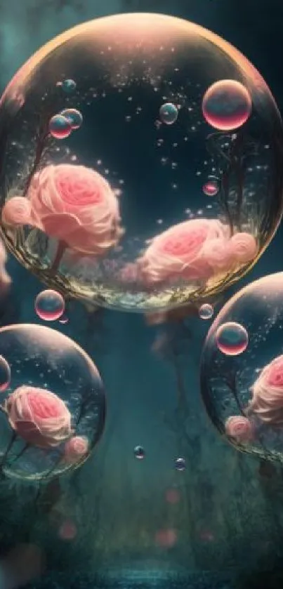 Enchanting bubbles with pink roses in a mystical forest setting.