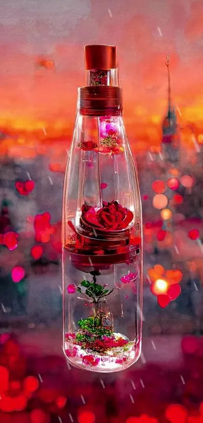 Enchanted rose in a bottle with vibrant evening glow.