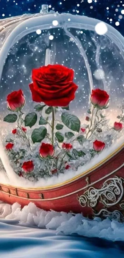 Fantasy artwork of a red rose in a glass dome on an icy sea.