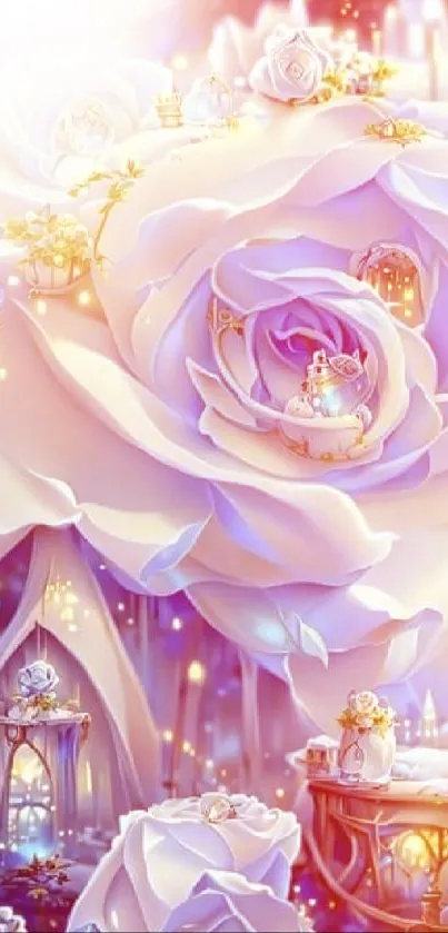 Enchanted rose fantasy wallpaper with pastel hues and glowing lanterns.